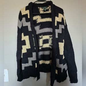 Lauren Ralph Lauren Black, Cream & Gray Geometric Open Cardigan